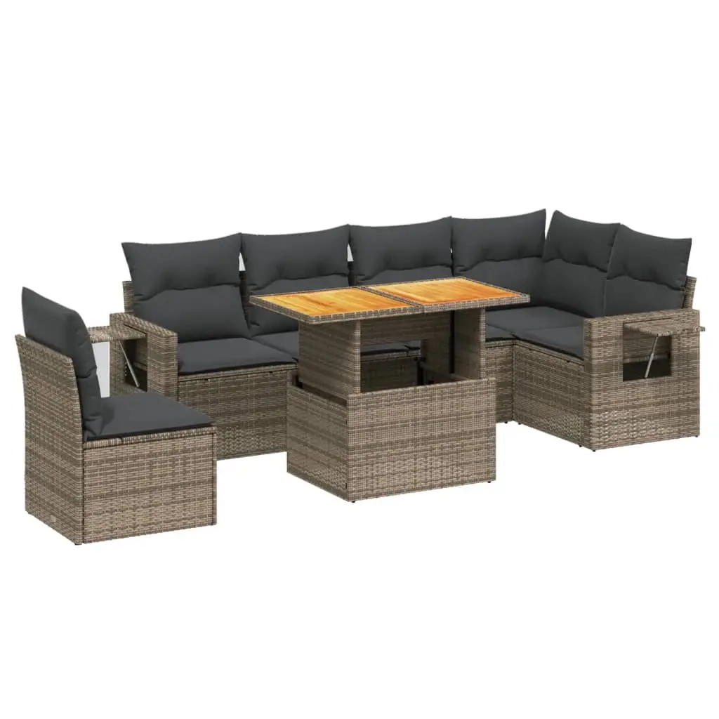 7 Piece Garden Sofa Set with Cushions Grey Poly Rattan 3271781 - Furniture
