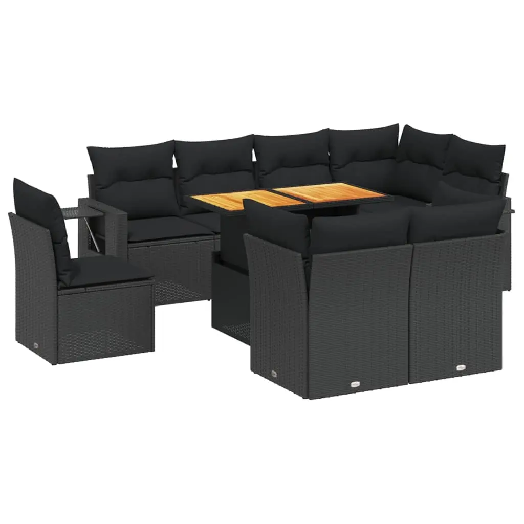 9 Piece Garden Sofa Set with Cushions Black Poly Rattan 3271846 - Furniture