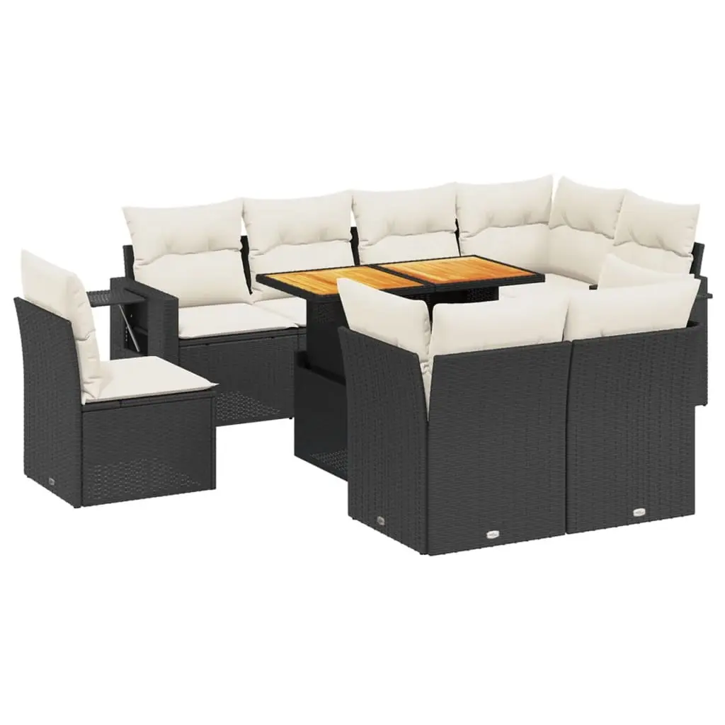 9 Piece Garden Sofa Set with Cushions Black Poly Rattan 3271847 - Furniture