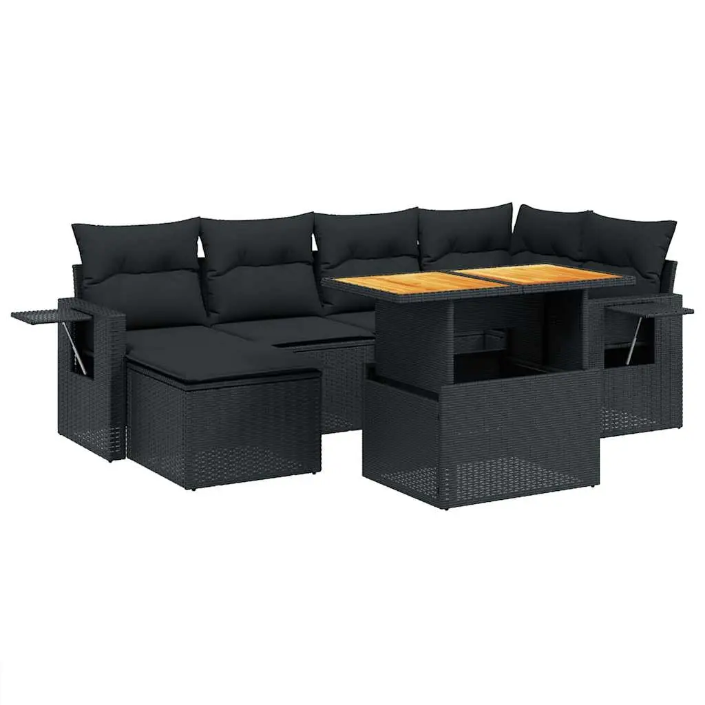 7 Piece Garden Sofa Set with Cushions Black Poly Rattan 3271853 - Furniture