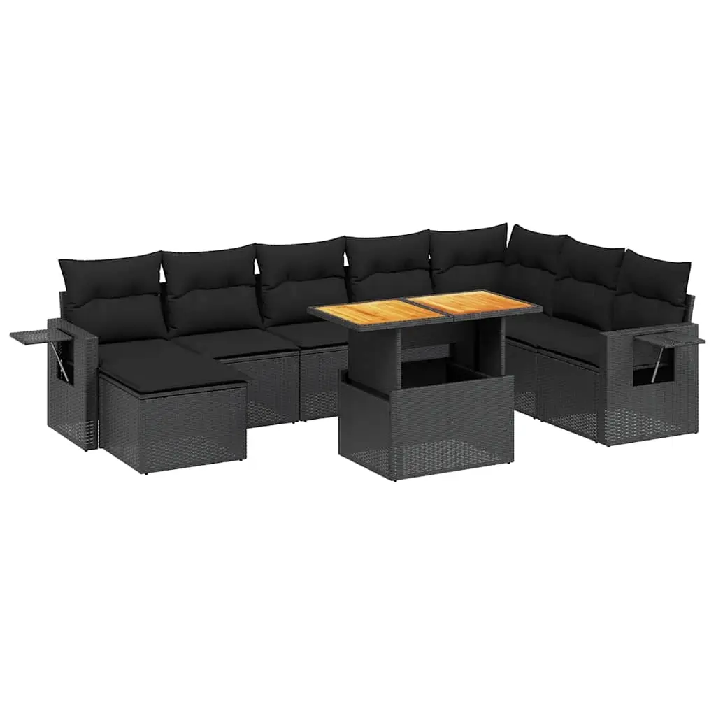 9 Piece Garden Sofa Set with Cushions Black Poly Rattan 3271888 - Furniture