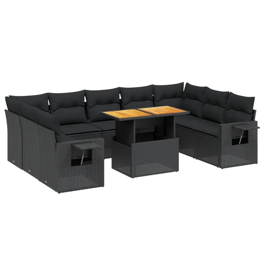 10 Piece Garden Sofa Set with Cushions Black Poly Rattan 3271895 - Furniture