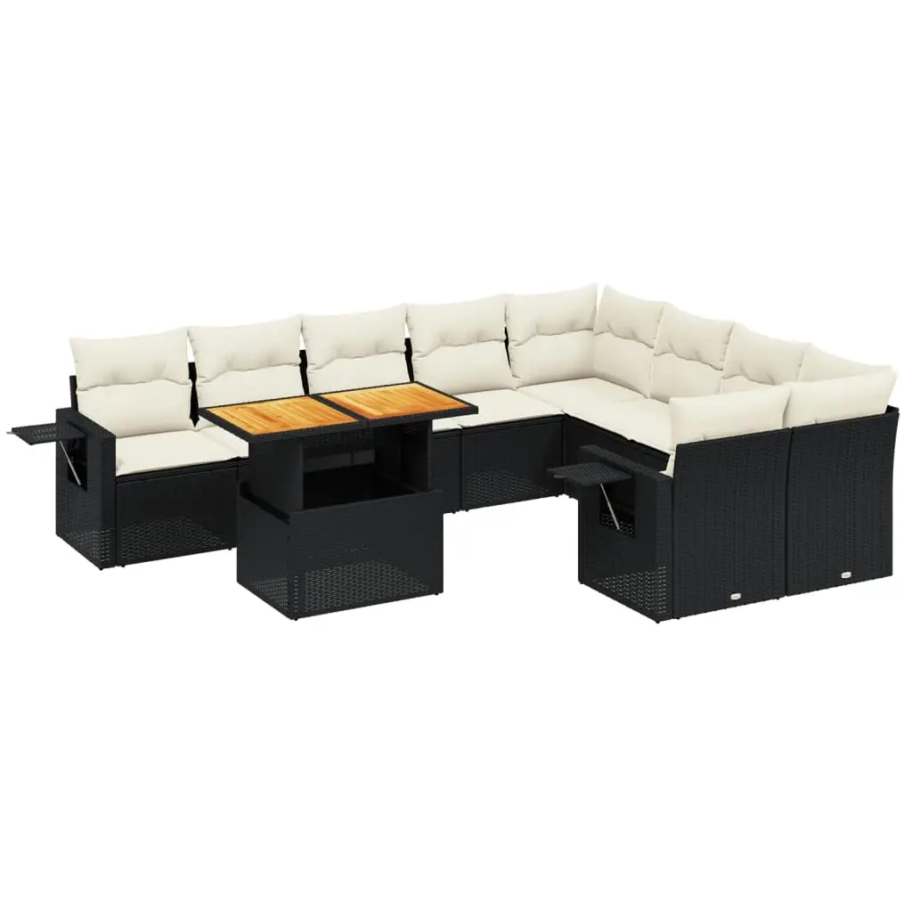 10 Piece Garden Sofa Set with Cushions Black Poly Rattan 3271910 - Furniture