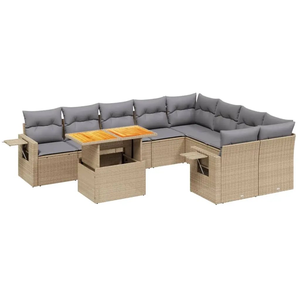 10 Piece Garden Sofa Set with Cushions Beige Poly Rattan 3271913 - Furniture