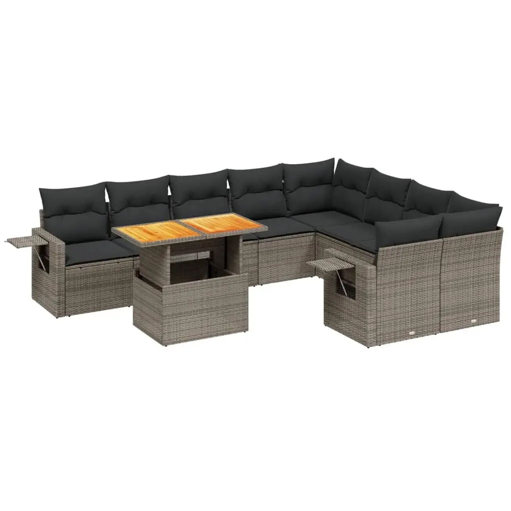 10 Piece Garden Sofa Set with Cushions Grey Poly Rattan 3271914 - Furniture
