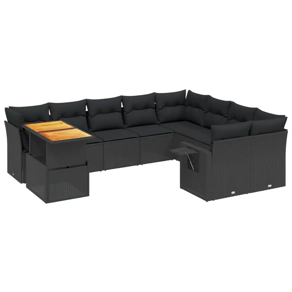 10 Piece Garden Sofa Set with Cushions Black Poly Rattan 3271916 - Furniture