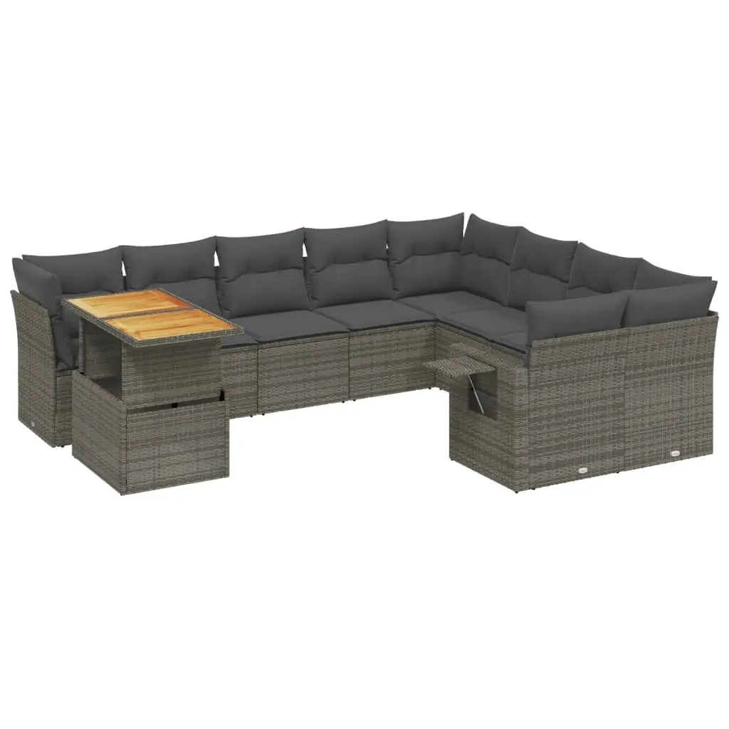 10 Piece Garden Sofa Set with Cushions Grey Poly Rattan 3271921 - Furniture