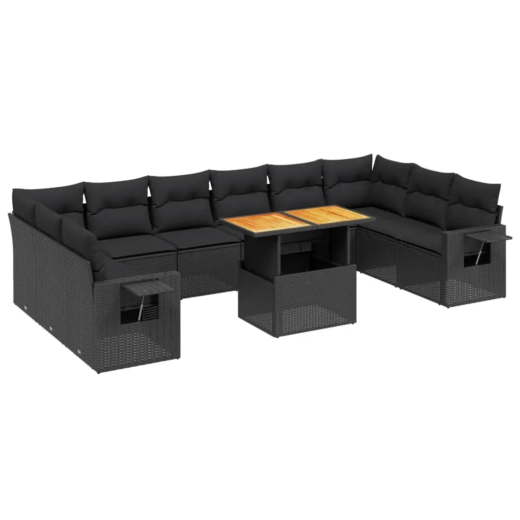 11 Piece Garden Sofa Set with Cushions Black Poly Rattan 3271923 - Furniture