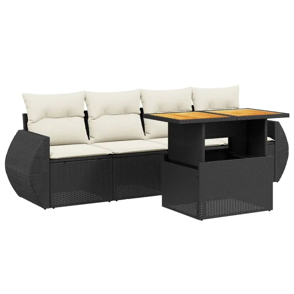 5 Piece Garden Sofa Set with Cushions Black Poly Rattan 3272071 - Furniture