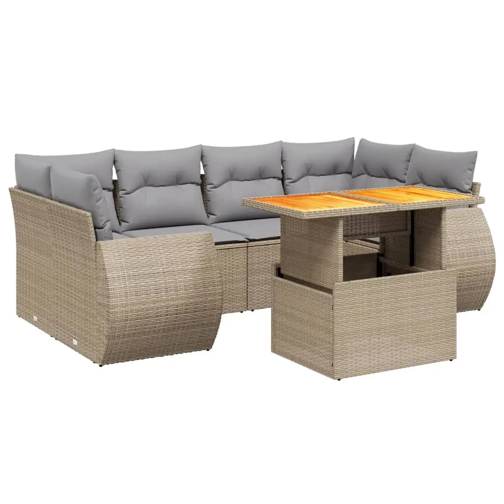 7 Piece Garden Sofa Set with Cushions Beige Poly Rattan 3272095 - Furniture
