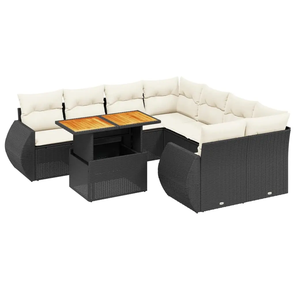 9 Piece Garden Sofa Set with Cushions Black Poly Rattan 3272120 - Furniture