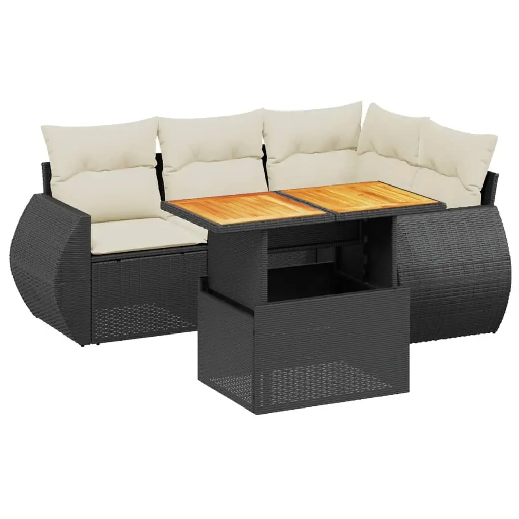 5 Piece Garden Sofa Set with Cushions Black Poly Rattan 3272176 - Furniture