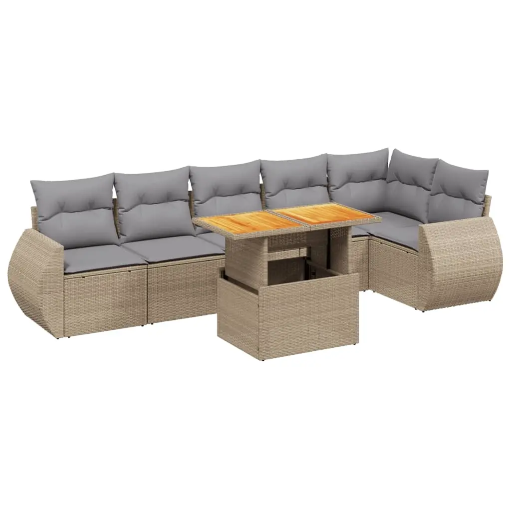 7 Piece Garden Sofa Set with Cushions Beige Poly Rattan 3272207 - Furniture