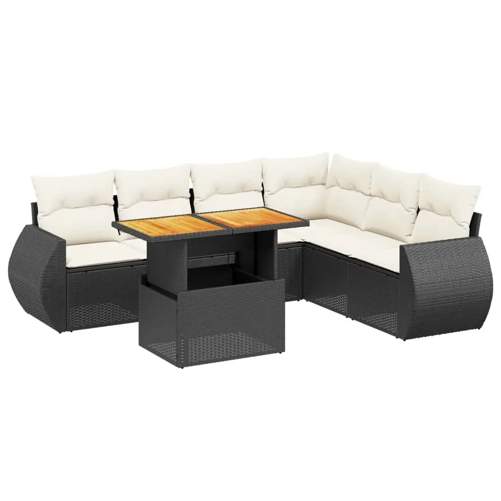 7 Piece Garden Sofa Set with Cushions Black Poly Rattan 3272211 - Furniture