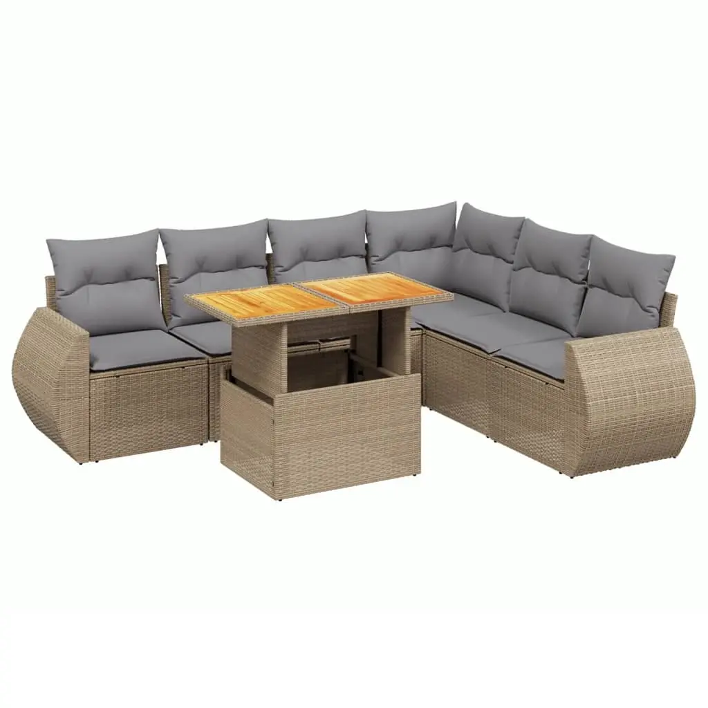 7 Piece Garden Sofa Set with Cushions Beige Poly Rattan 3272214 - Furniture