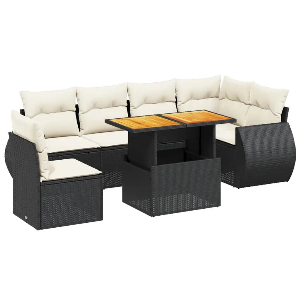 7 Piece Garden Sofa Set with Cushions Black Poly Rattan 3272218 - Furniture