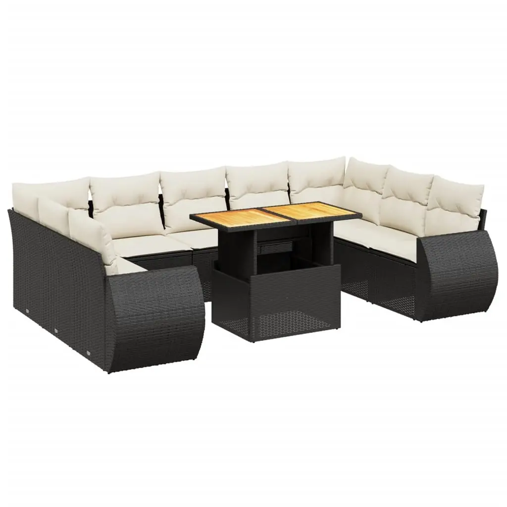 10 Piece Garden Sofa Set with Cushions Black Poly Rattan 3272337 - Furniture