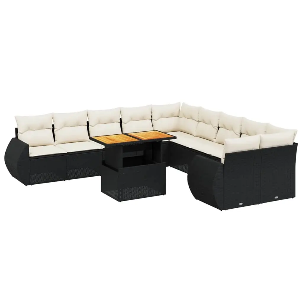 11 Piece Garden Sofa Set with Cushions Black Poly Rattan 3272386 - Furniture