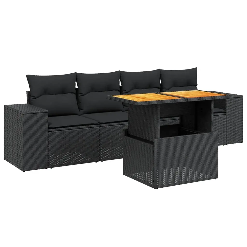 5 Piece Garden Sofa Set with Cushions Black Poly Rattan 3272511 - Furniture