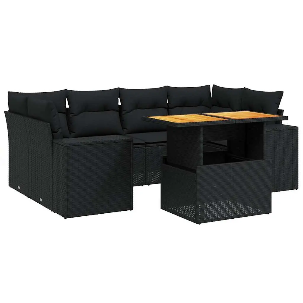 7 Piece Garden Sofa Set with Cushions Black Poly Rattan 3272532 - Furniture