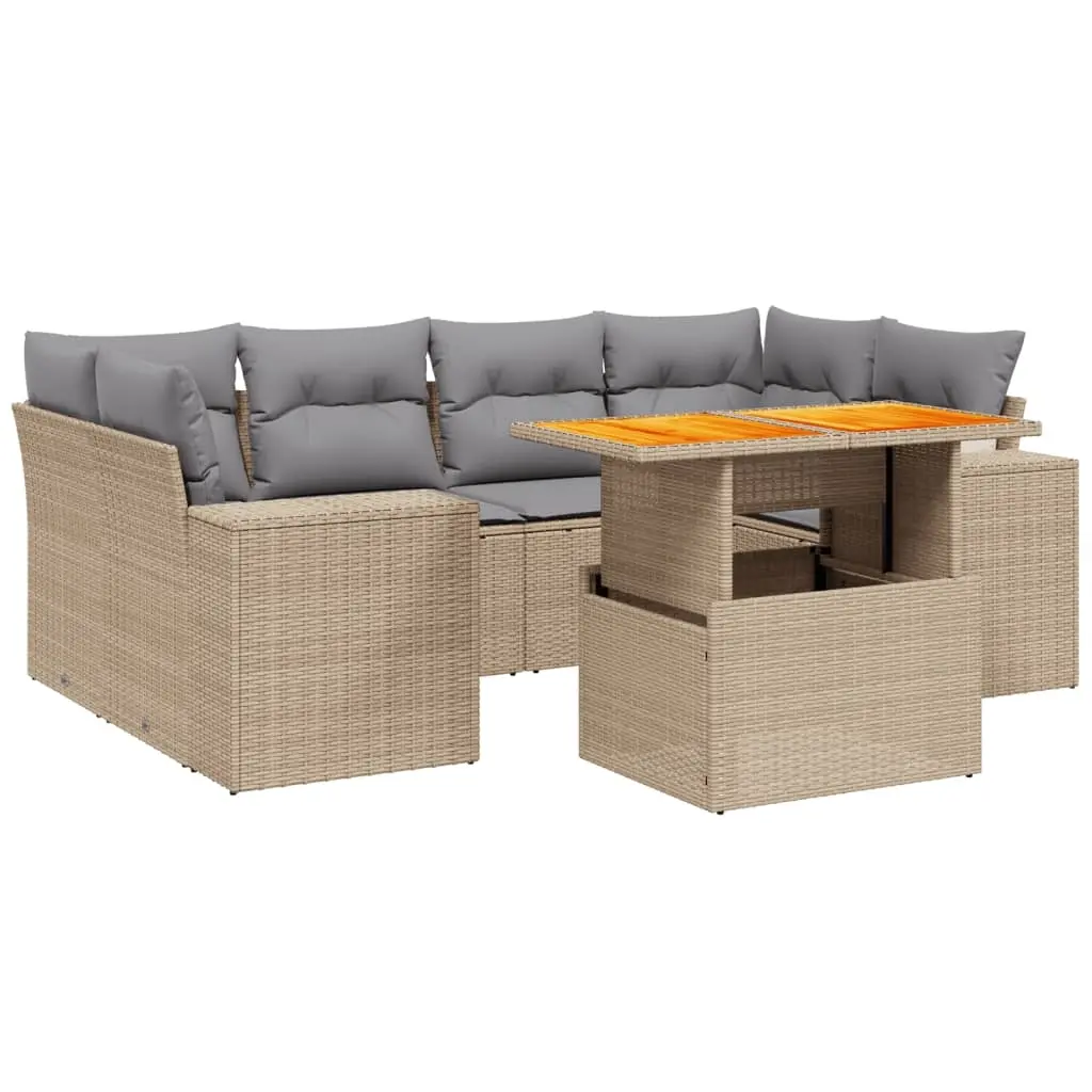 7 Piece Garden Sofa Set with Cushions Beige Poly Rattan 3272536 - Furniture
