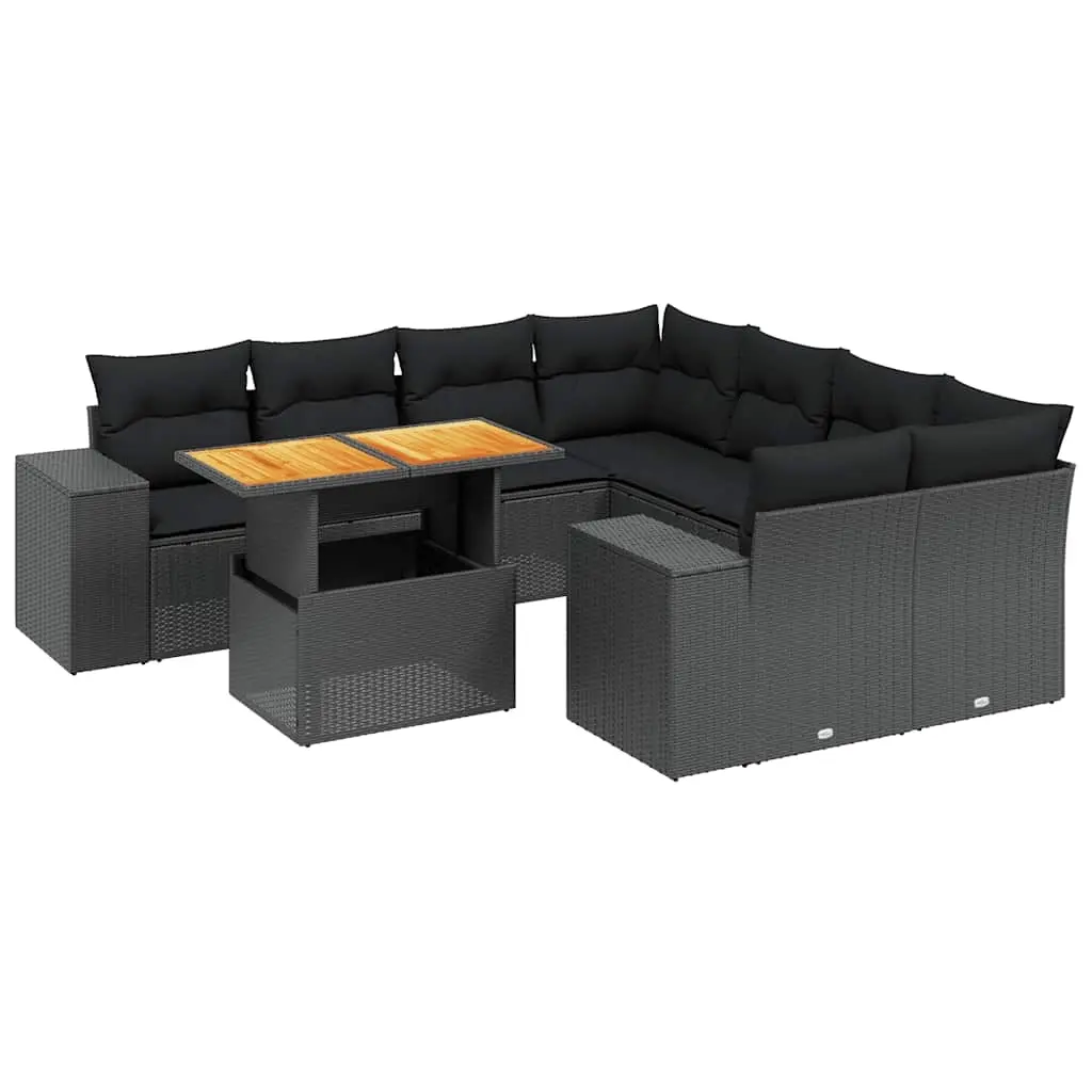 9 Piece Garden Sofa Set with Cushions Black Poly Rattan 3272560 - Furniture