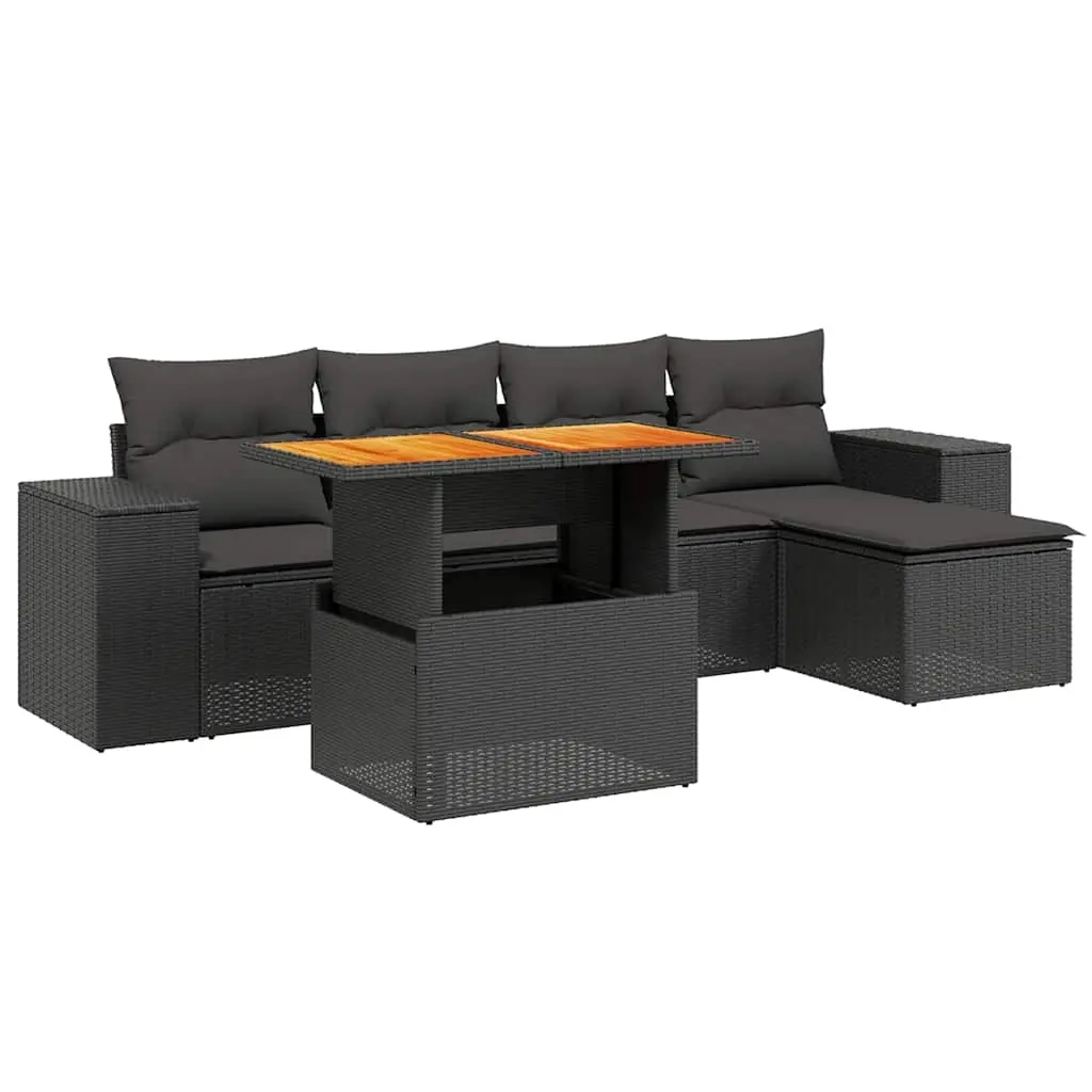 6 Piece Garden Sofa Set with Cushions Black Poly Rattan 3272609 - Furniture