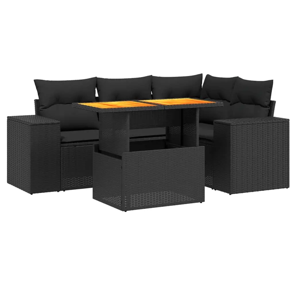 5 Piece Garden Sofa Set with Cushions Black Poly Rattan 3272616 - Furniture