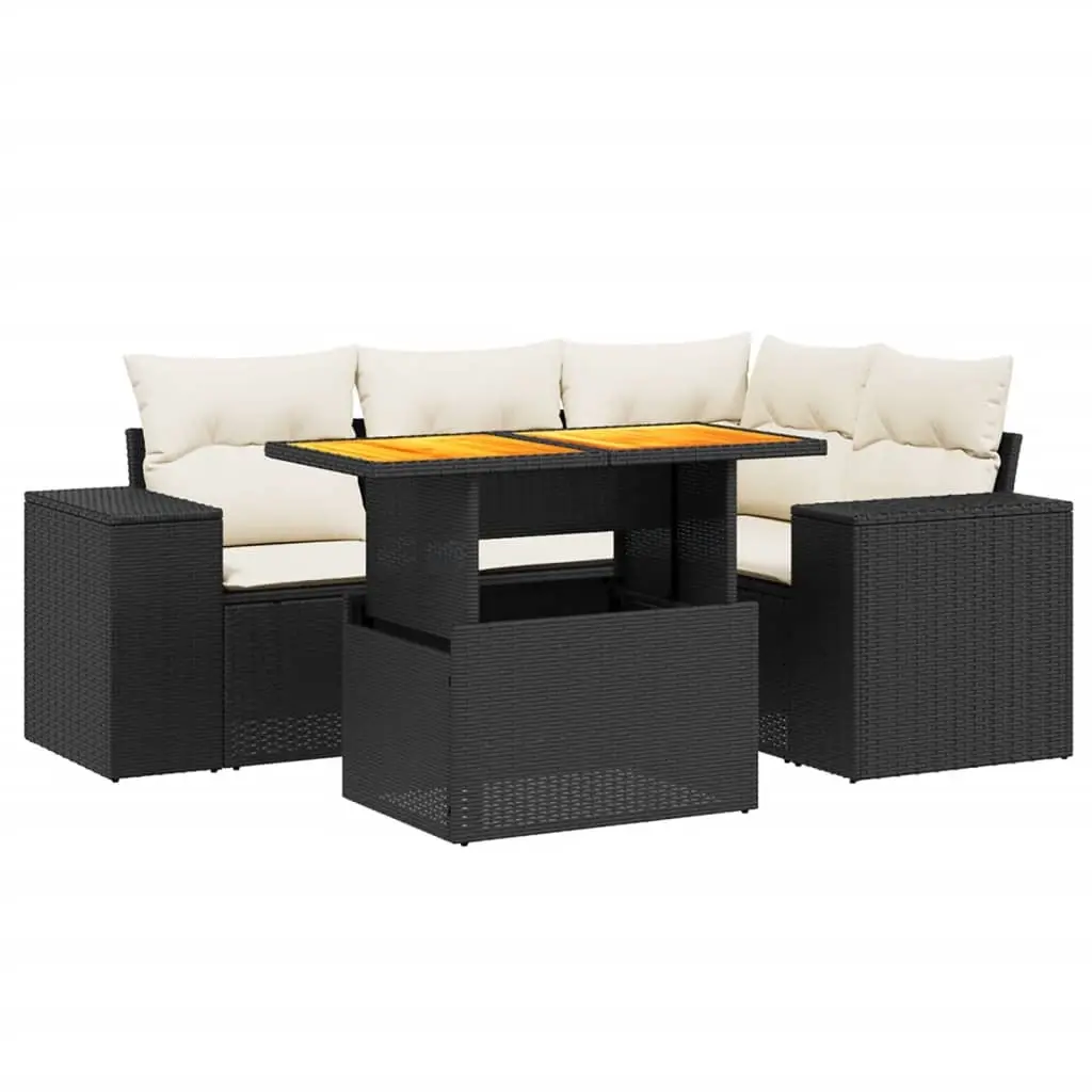 5 Piece Garden Sofa Set with Cushions Black Poly Rattan 3272617 - Furniture