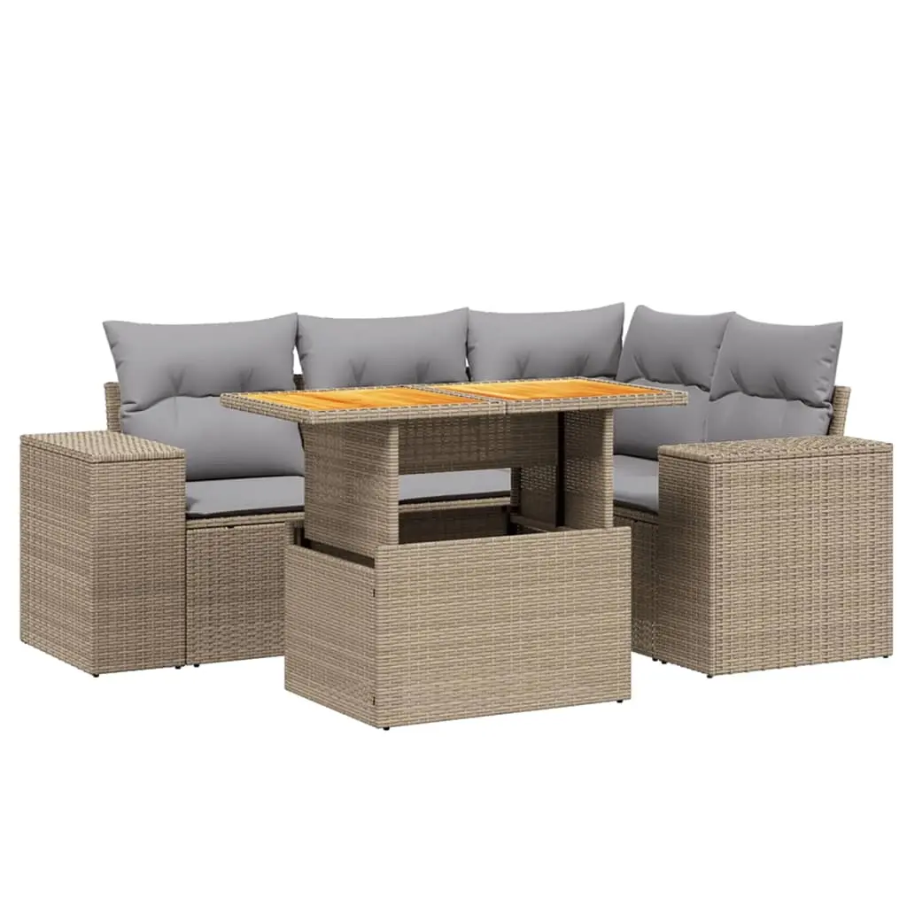 5 Piece Garden Sofa Set with Cushions Beige Poly Rattan 3272620 - Furniture