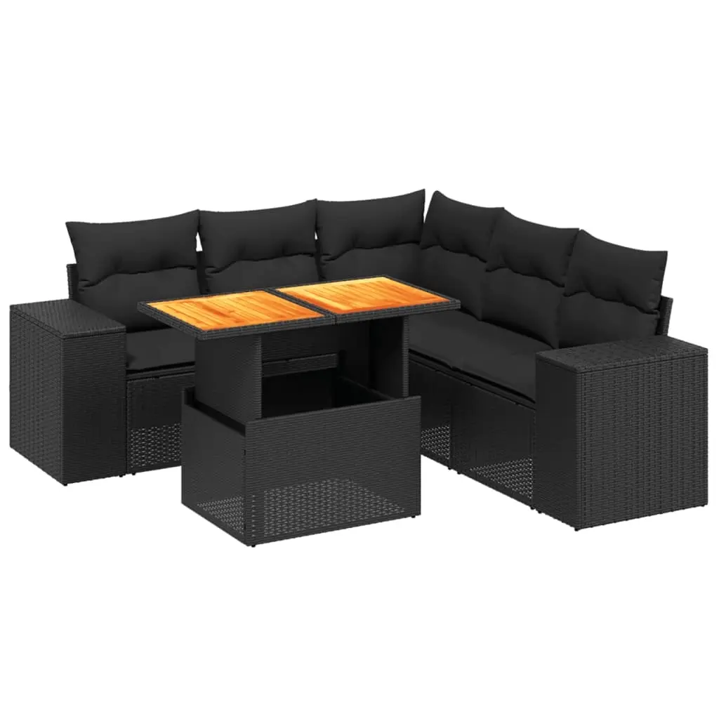 6 Piece Garden Sofa Set with Cushions Black Poly Rattan 3272630 - Furniture