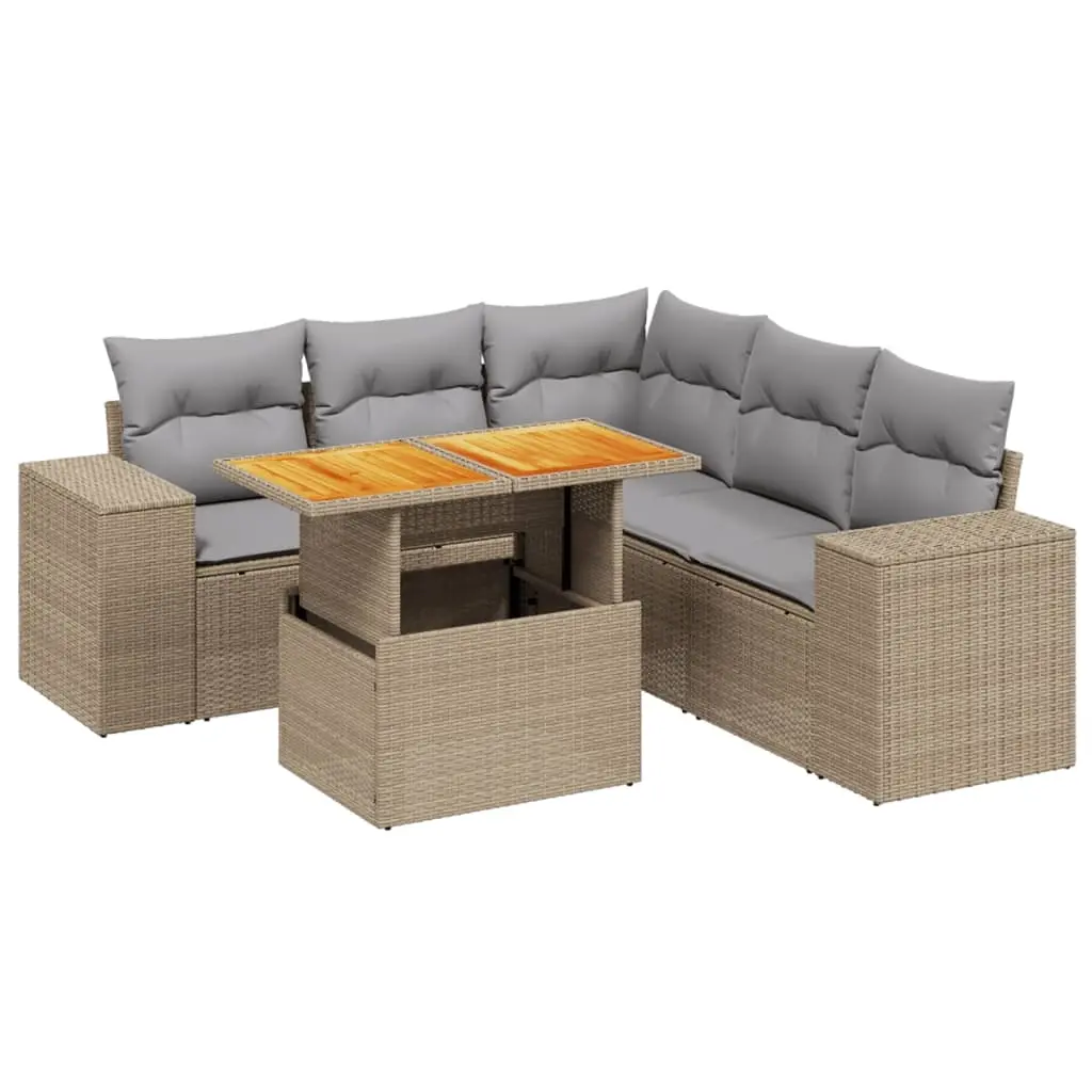 6 Piece Garden Sofa Set with Cushions Beige Poly Rattan 3272634 - Furniture