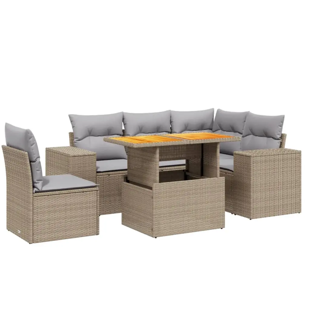 6 Piece Garden Sofa Set with Cushions Beige Poly Rattan 3272641 - Furniture
