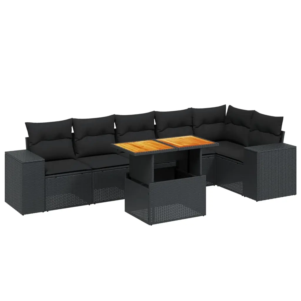 7 Piece Garden Sofa Set with Cushions Black Poly Rattan 3272644 - Furniture