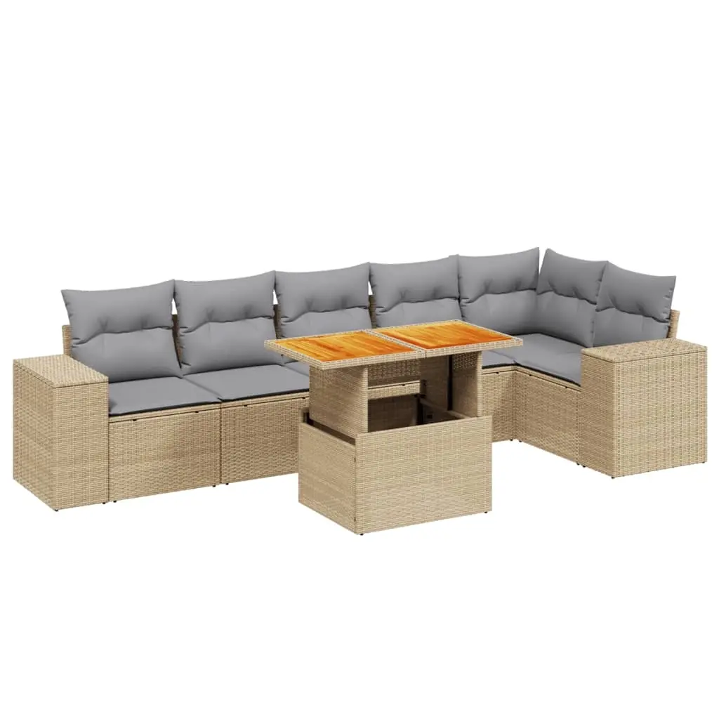 7 Piece Garden Sofa Set with Cushions Beige Poly Rattan 3272648 - Furniture