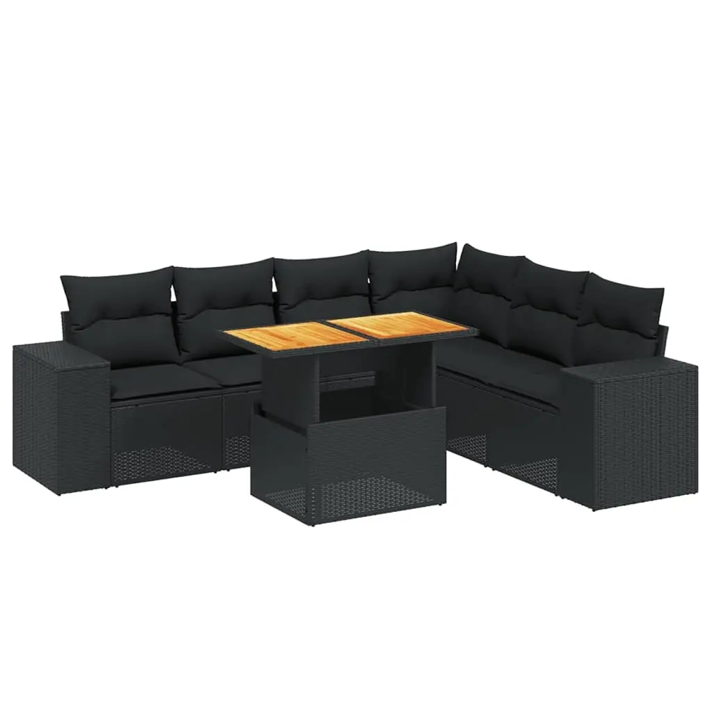 7 Piece Garden Sofa Set with Cushions Black Poly Rattan 3272651 - Furniture