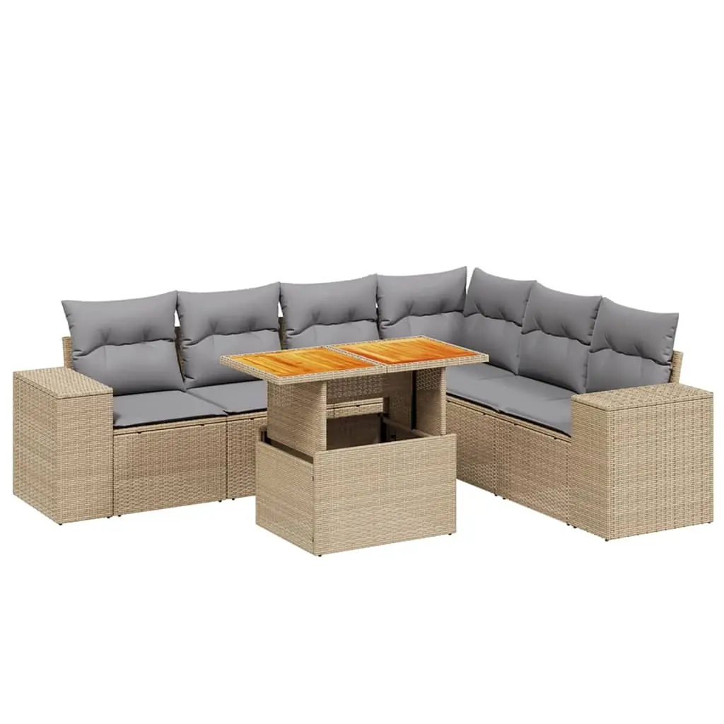 7 Piece Garden Sofa Set with Cushions Beige Poly Rattan 3272655 - Furniture