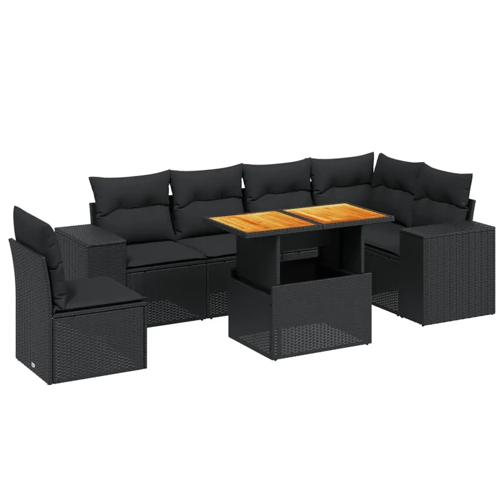 7 Piece Garden Sofa Set with Cushions Black Poly Rattan 3272658 - Furniture