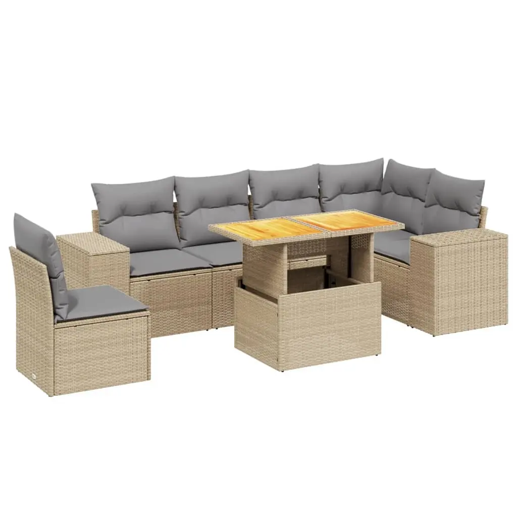7 Piece Garden Sofa Set with Cushions Beige Poly Rattan 3272662 - Furniture