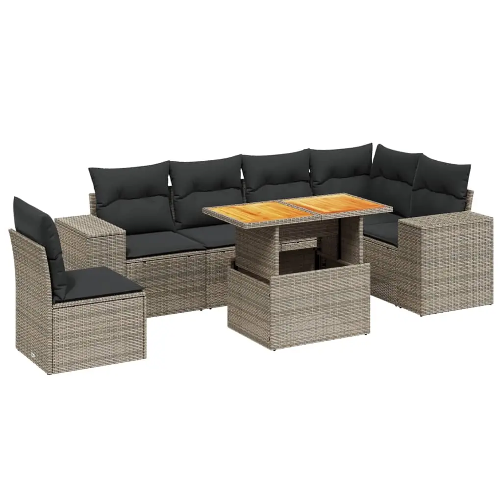 7 Piece Garden Sofa Set with Cushions Grey Poly Rattan 3272663 - Furniture