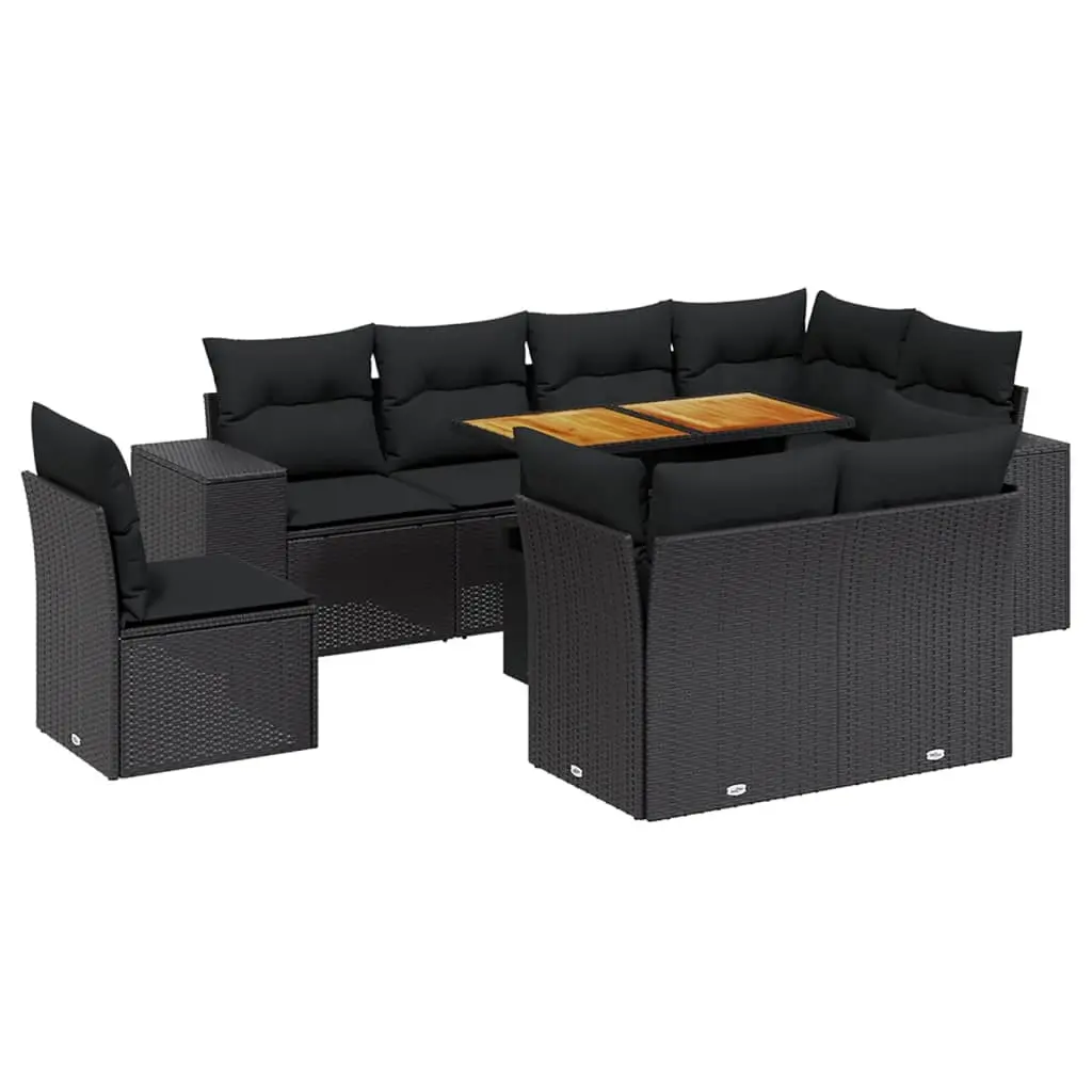 9 Piece Garden Sofa Set with Cushions Black Poly Rattan 3272728 - Furniture
