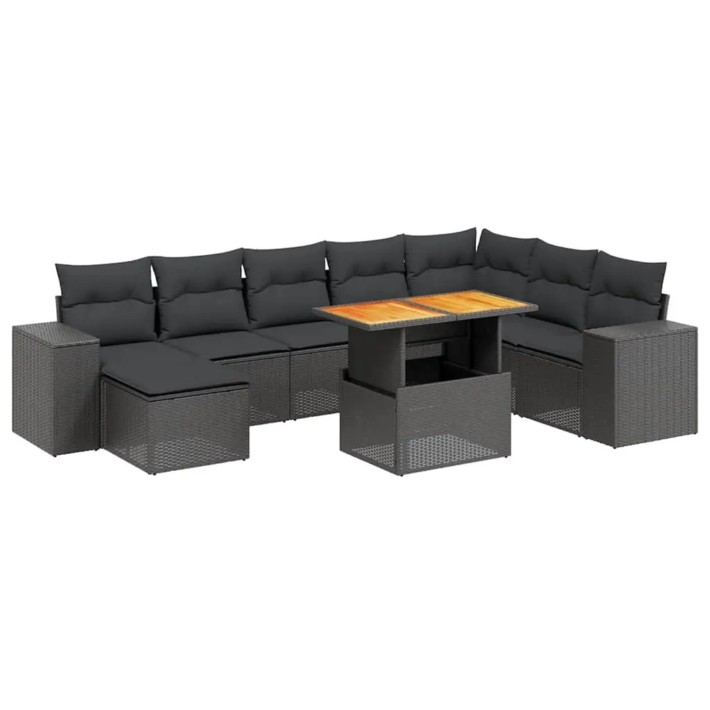 9 Piece Garden Sofa Set with Cushions Black Poly Rattan 3272770 - Furniture