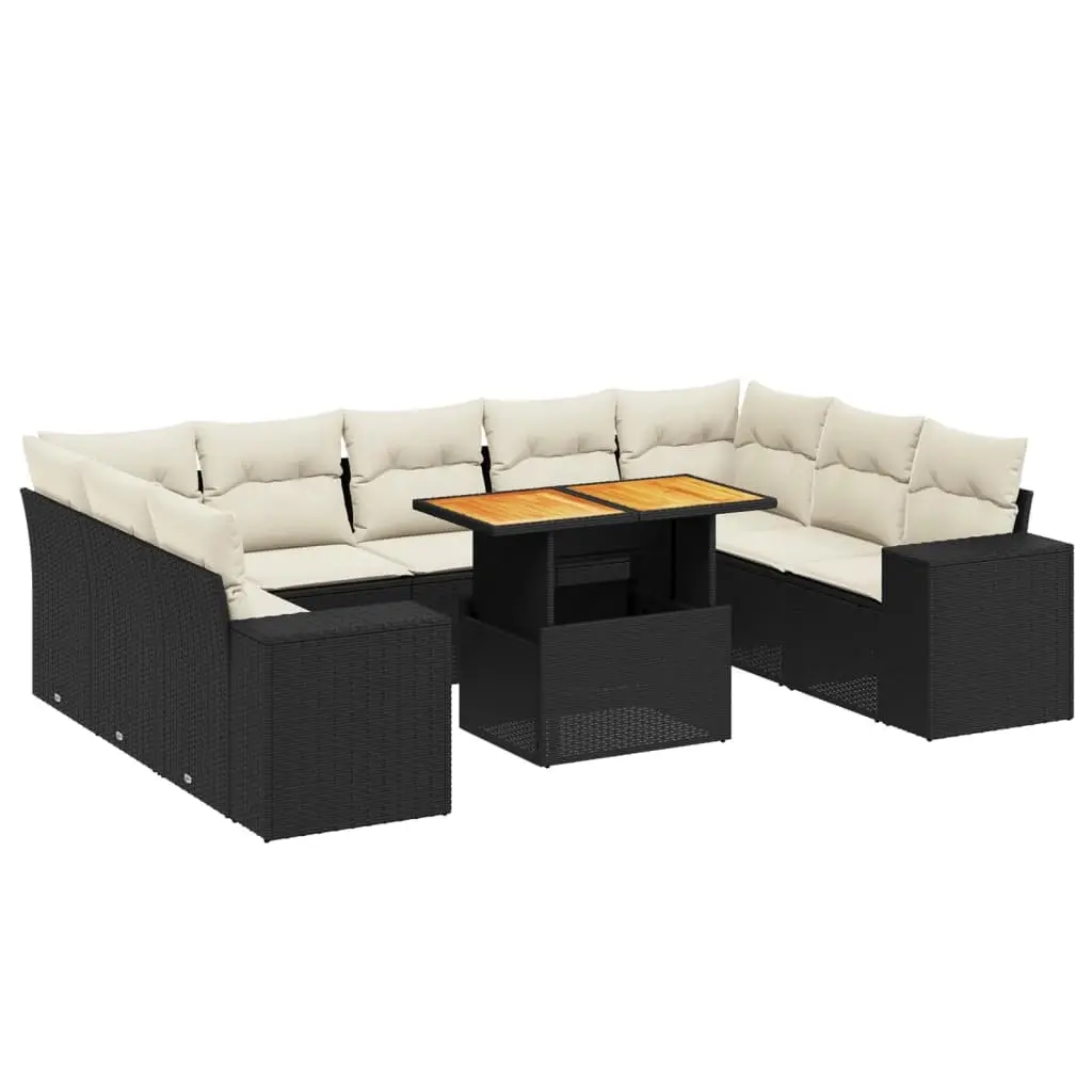 10 Piece Garden Sofa Set with Cushions Black Poly Rattan 3272778 - Furniture