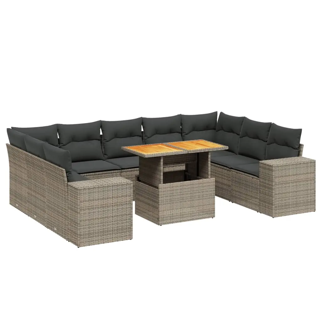 10 Piece Garden Sofa Set with Cushions Grey Poly Rattan 3272782 - Furniture