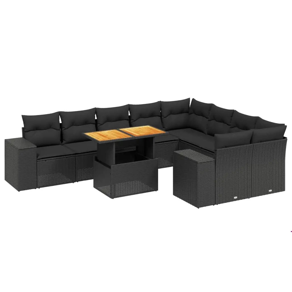 10 Piece Garden Sofa Set with Cushions Black Poly Rattan 3272791 - Furniture