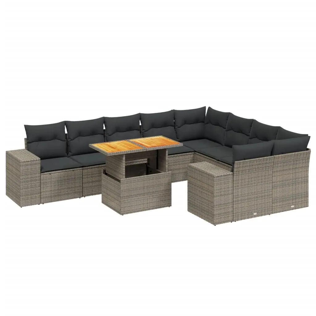 10 Piece Garden Sofa Set with Cushions Grey Poly Rattan 3272796 - Furniture