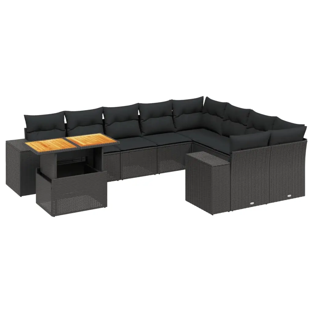 10 Piece Garden Sofa Set with Cushions Black Poly Rattan 3272798 - Furniture