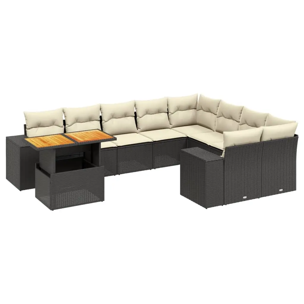10 Piece Garden Sofa Set with Cushions Black Poly Rattan 3272799 - Furniture