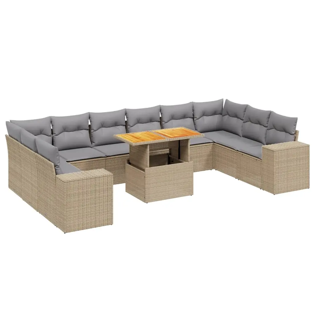 11 Piece Garden Sofa Set with Cushions Beige Poly Rattan 3272809 - Furniture