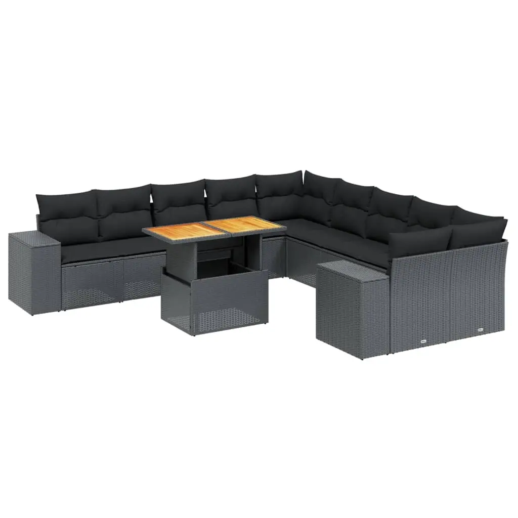 11 Piece Garden Sofa Set with Cushions Black Poly Rattan 3272826 - Furniture